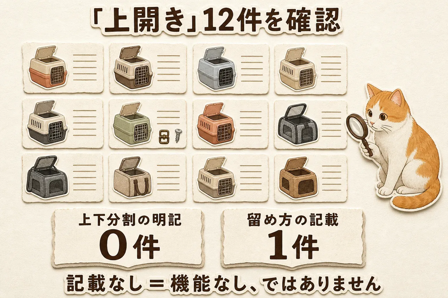 楽天で「上開き」として掲載された猫用キャリー12件を確認した結果、上下分割の明記は0件、留め方の記載は1件であり、記載がないことは機能がないことを意味しないと示す図