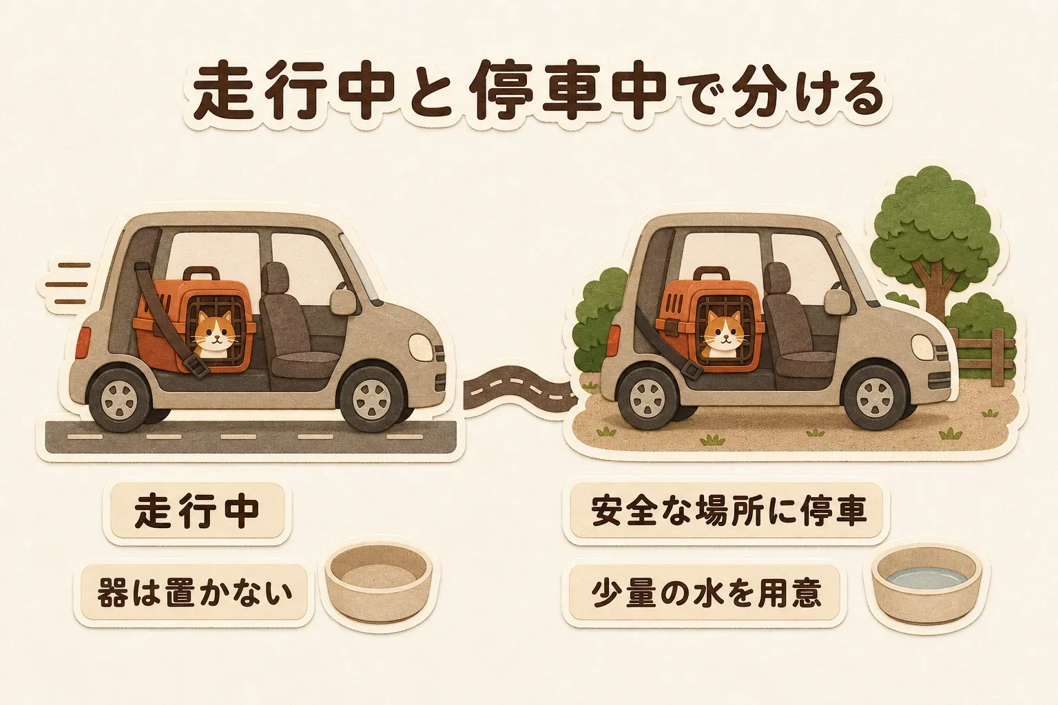 猫の車移動では、走行中は水の器を置かず、安全な場所に停車してから少量の水を用意する流れを示す図