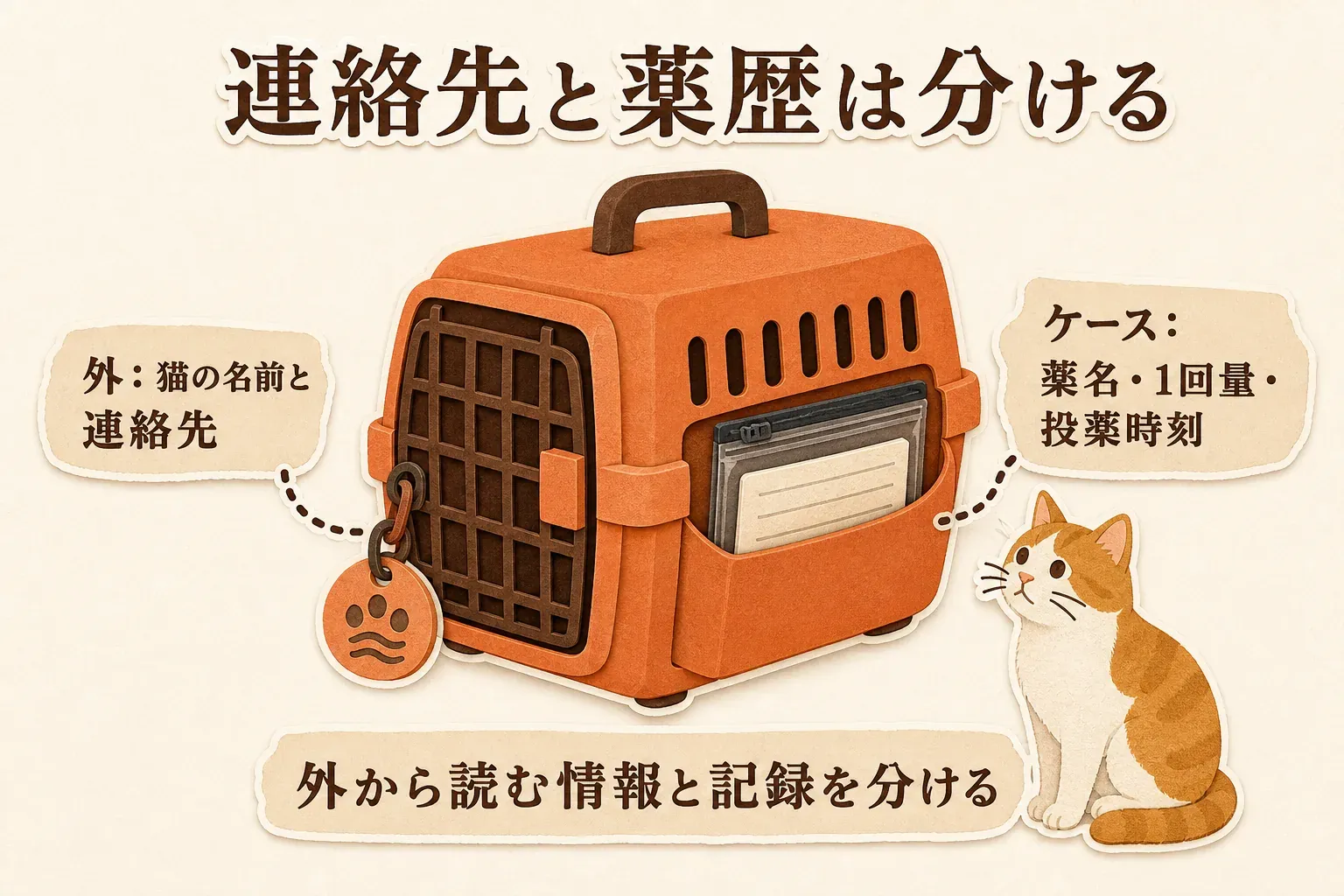 猫キャリーの外側には猫の名前と飼い主の連絡先を示すタグを付け、ケースには薬名・1回量・投薬時刻を書いた薬歴カードを入れて、外から読む情報と記録を分ける図