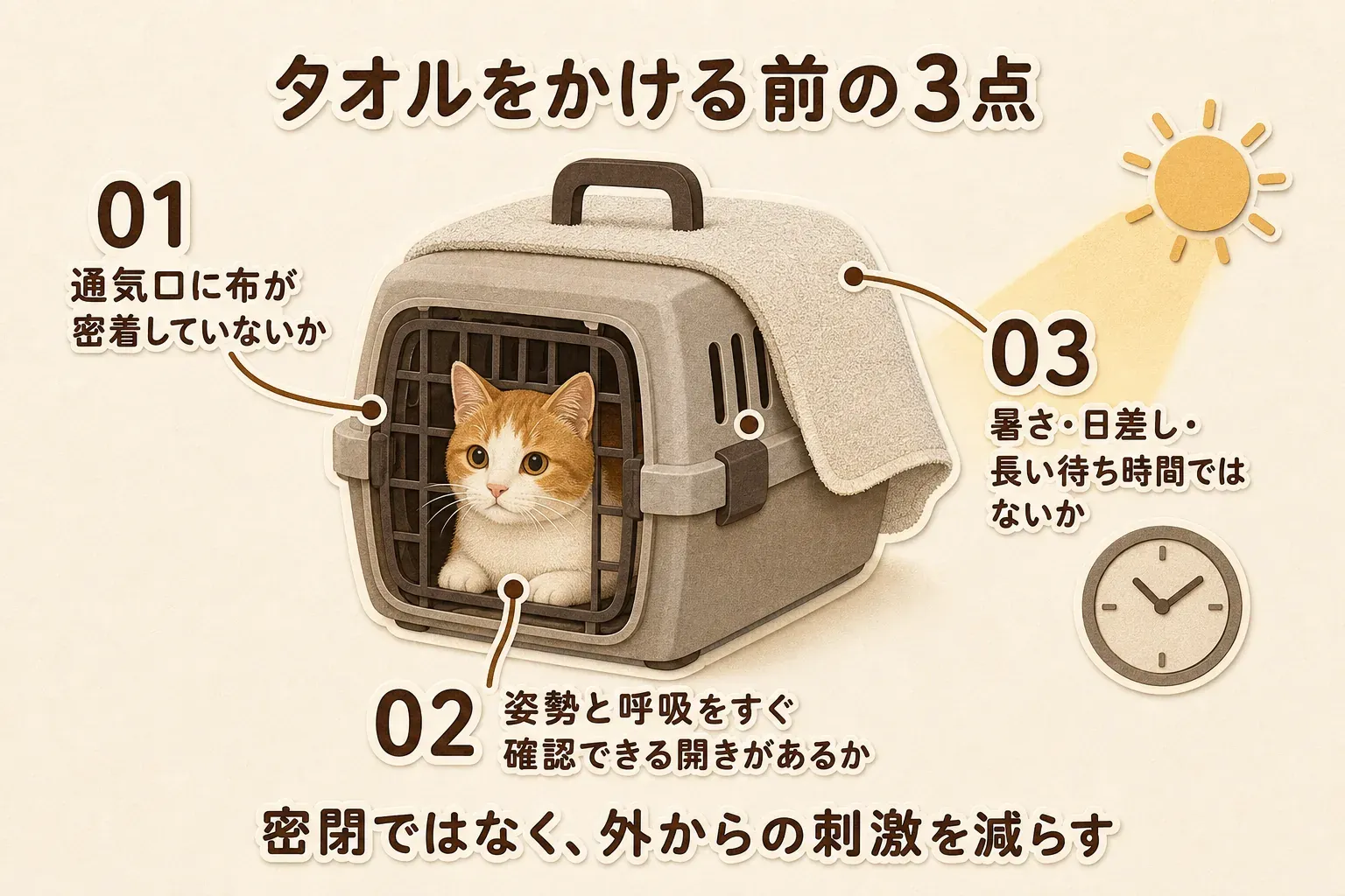 待合室で猫のキャリーにタオルをかける前の3点として、通気口に布が密着していないか、猫の姿勢や呼吸を確認できる開きがあるか、室温・日差し・待ち時間に暑さの懸念がないかを示す図