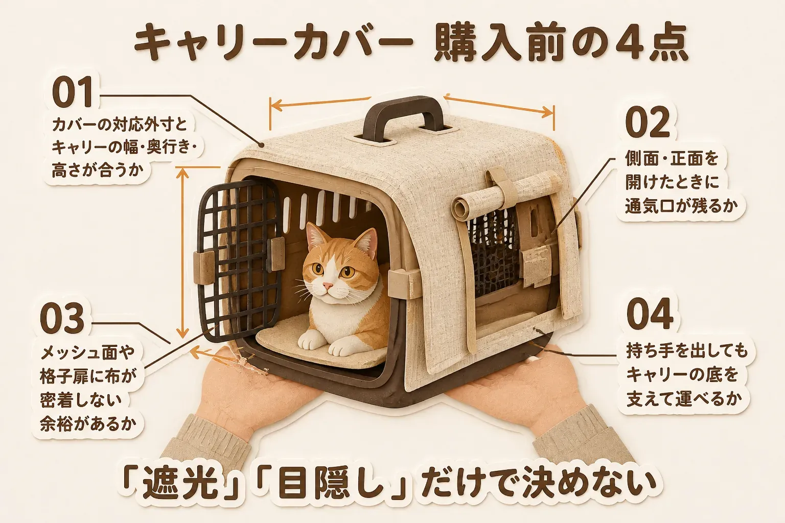 猫用キャリーカバーを購入する前の4点として、手持ちのキャリーと外寸が合うか、側面や正面を開けて通気口を残せるか、メッシュ面や格子扉に布が密着しないか、持ち手を出して底を支えて運べるかを示す図