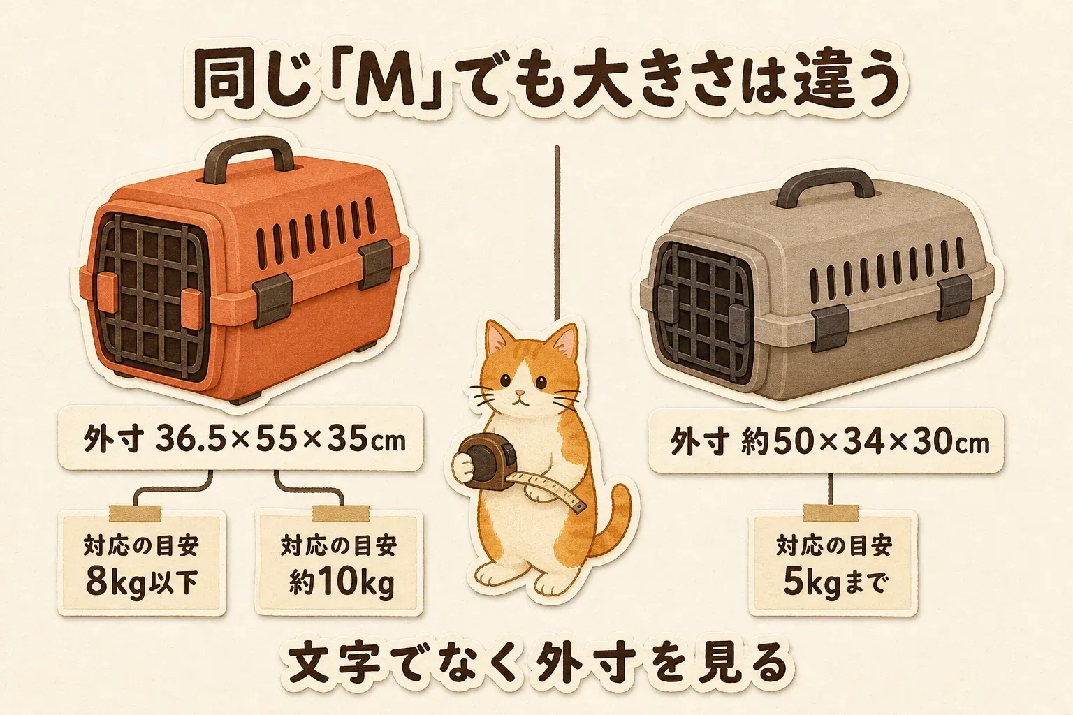 同じM表記でも、外寸36.5×55×35cmのキャリーで対応の目安が8kg以下と約10kgに分かれる例と、外寸約50×34×30cmで対応の目安5kgまでの別のMサイズを比べ、文字ではなく外寸を見るよう示す図