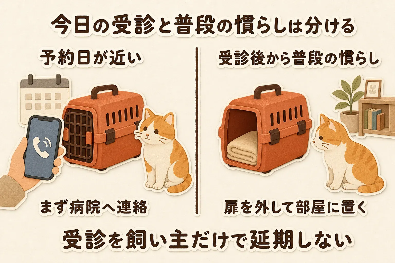 今日の受診と普段のキャリー慣らしを分ける図。予約日が近いときはまず動物病院へ連絡し、受診を飼い主だけで延期せず、受診後からは扉を外したキャリーを部屋に置いて慣らすことを示す