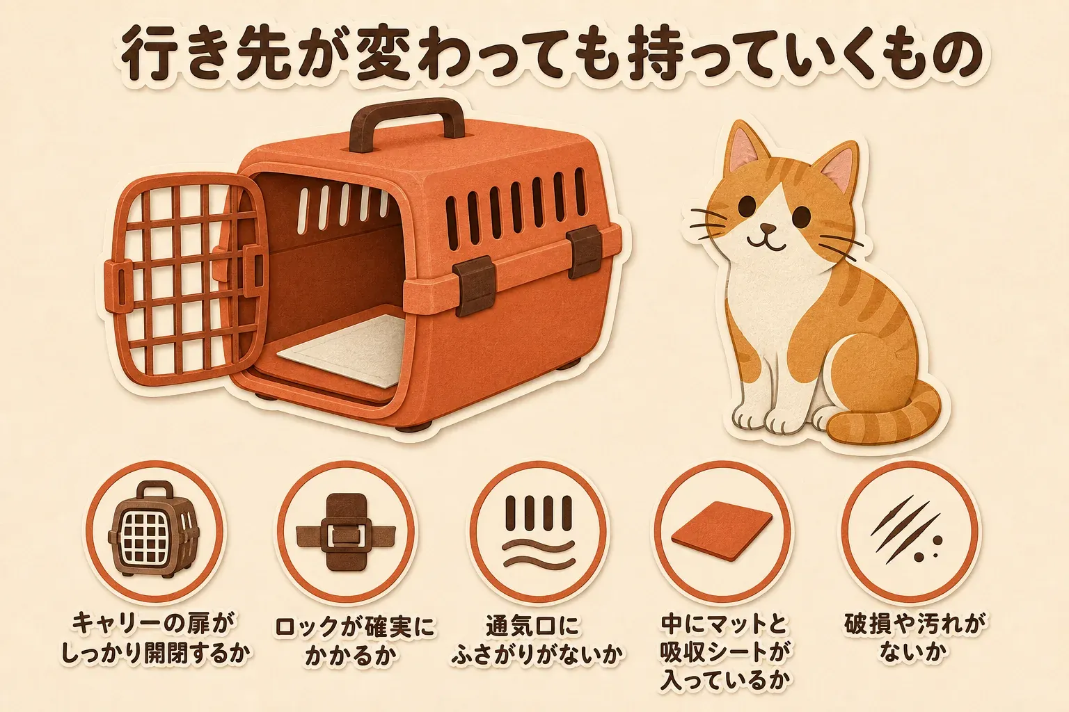 病院へ出発する前に、キャリーの底板に合うようマットと吸水シートを敷き、端の浮き・シートのずれ・扉の開閉部への噛み込み・通気口を確認し、予備シート、廃棄袋、手拭き用タオルを準備する点検項目を示す図