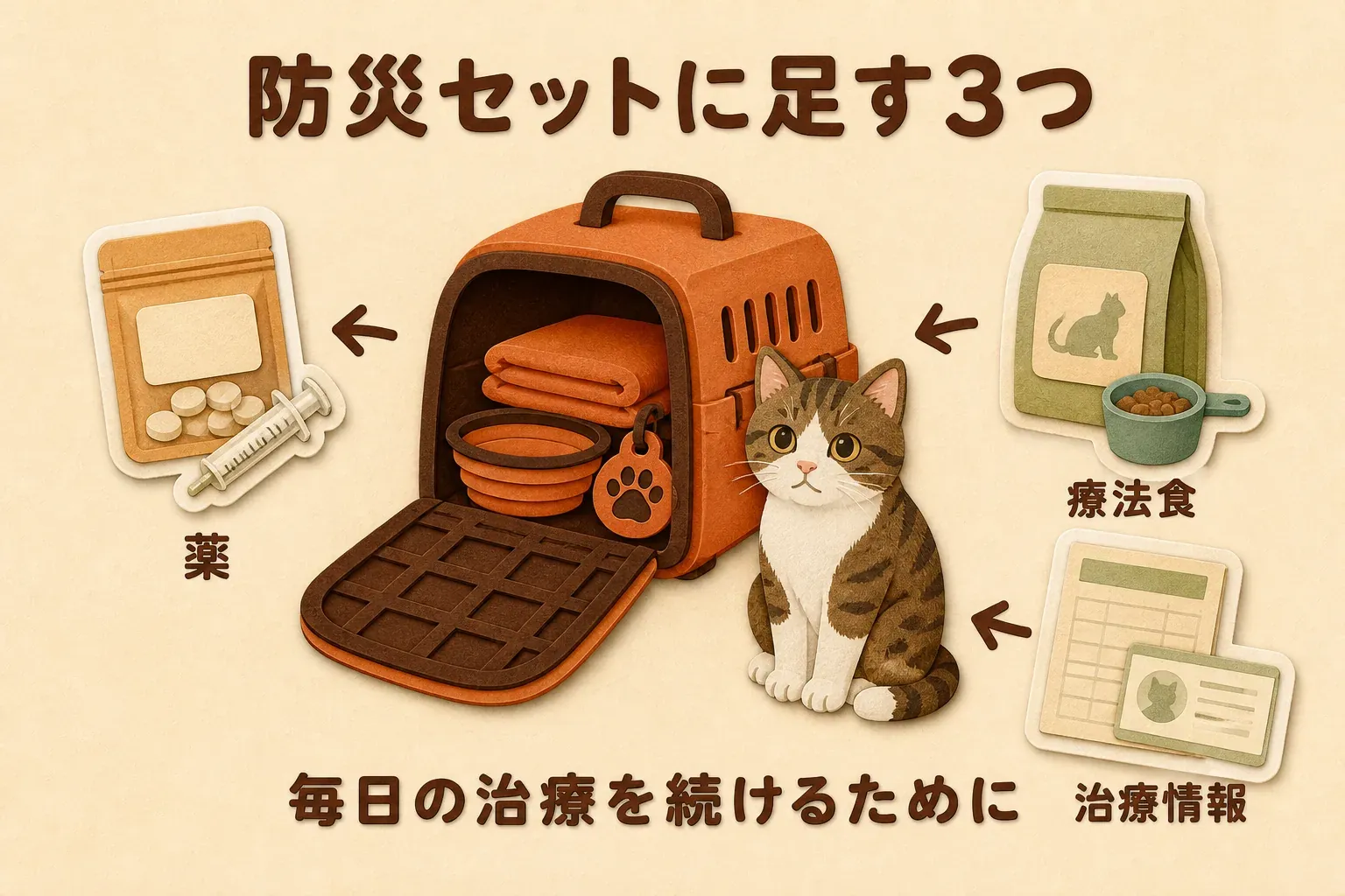 猫の防災セットに薬、療法食、治療情報の3つを加える図。薬袋と投薬用シリンジ、療法食の袋と食器、健康記録と診察券を、猫のキャリーの周りに配置し、毎日の治療を続けるための備えを示す