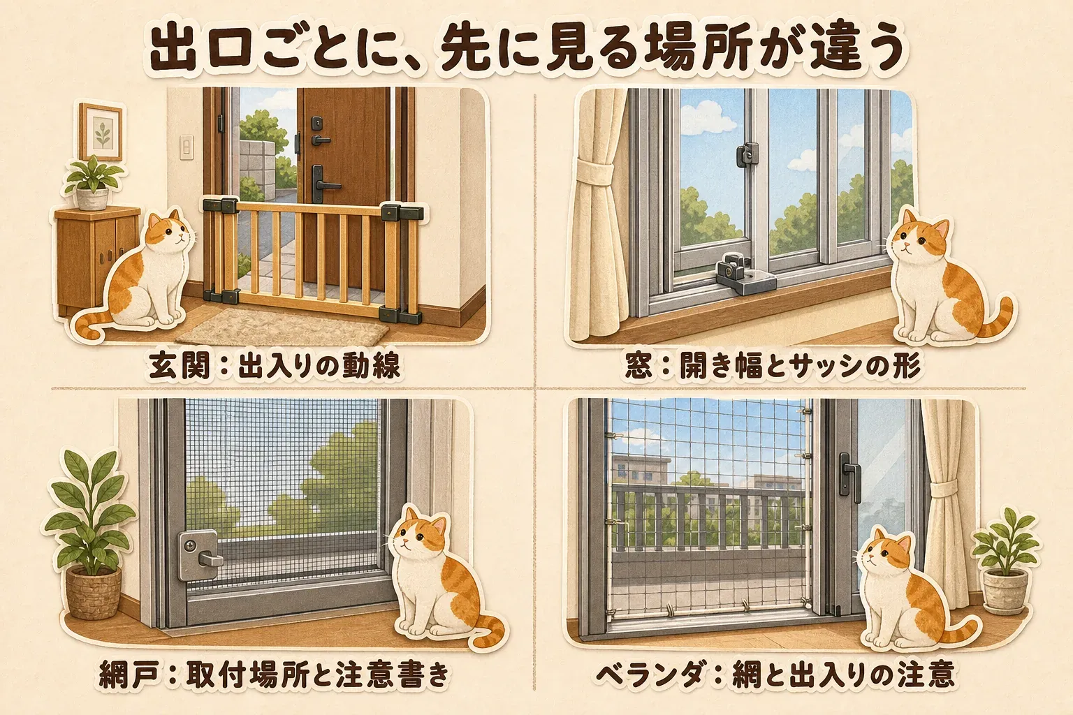 猫の脱走防止で出口ごとに先に見る場所として、玄関は出入りの動線、窓は開き幅とサッシの形、網戸は取付場所と注意書き、ベランダは網と出入り時の注意を示す図。出典：環境省「猫に快適な室内環境を用意しよう」