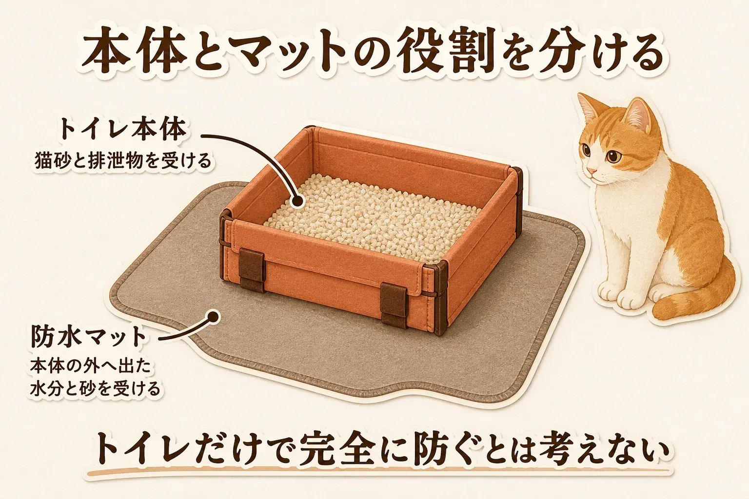 猫砂と排泄物を受ける折りたたみトイレ本体を、車内で本体の外へ出た水分と猫砂を受ける防水マットの上に置き、トイレだけで汚れを完全に防ぐとは考えないことを示す図