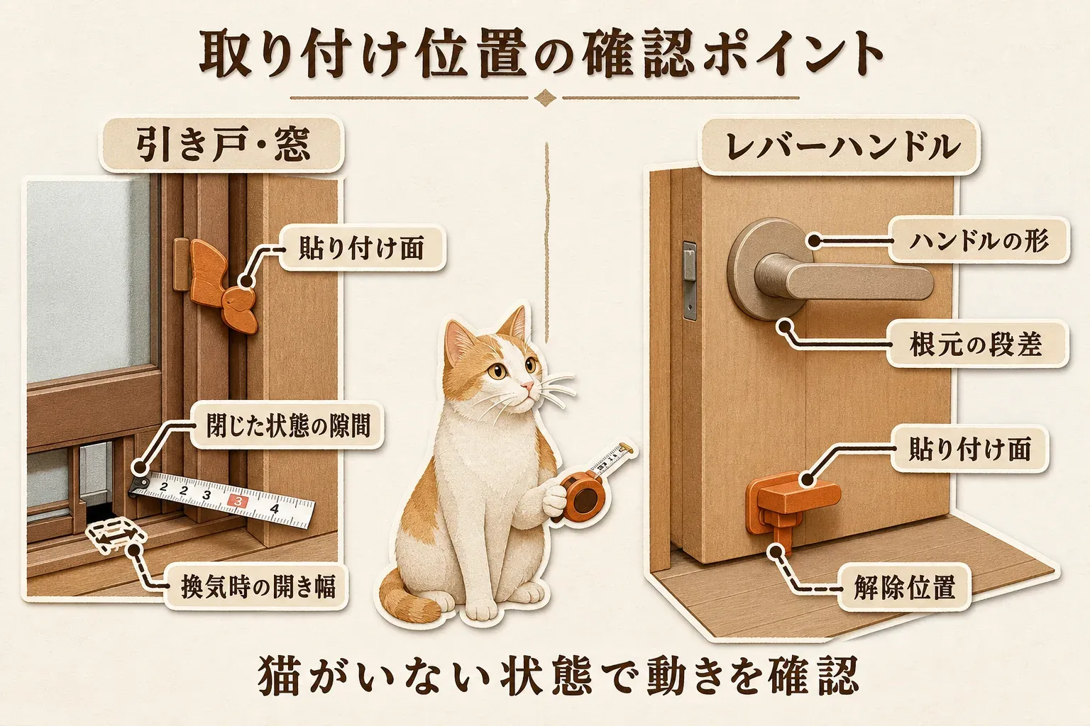 引き戸・窓向けロックを取り付ける前の確認として、扉を閉めたときの隙間、貼り付け面の幅と凹凸・水分・ほこり、完全閉鎖か換気用の開き幅か、猫がいない状態で押したときのずれと解除のしやすさを順に示す図