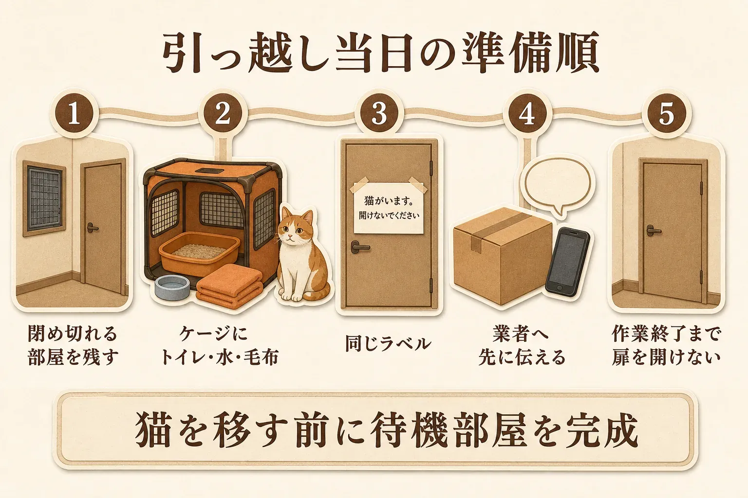 引っ越し当日に、閉め切れる部屋を残す、ケージにトイレ・水・毛布を入れる、扉に注意書きを貼る、業者へ先に伝える、作業終了まで扉を開けないという準備の順番を示す図