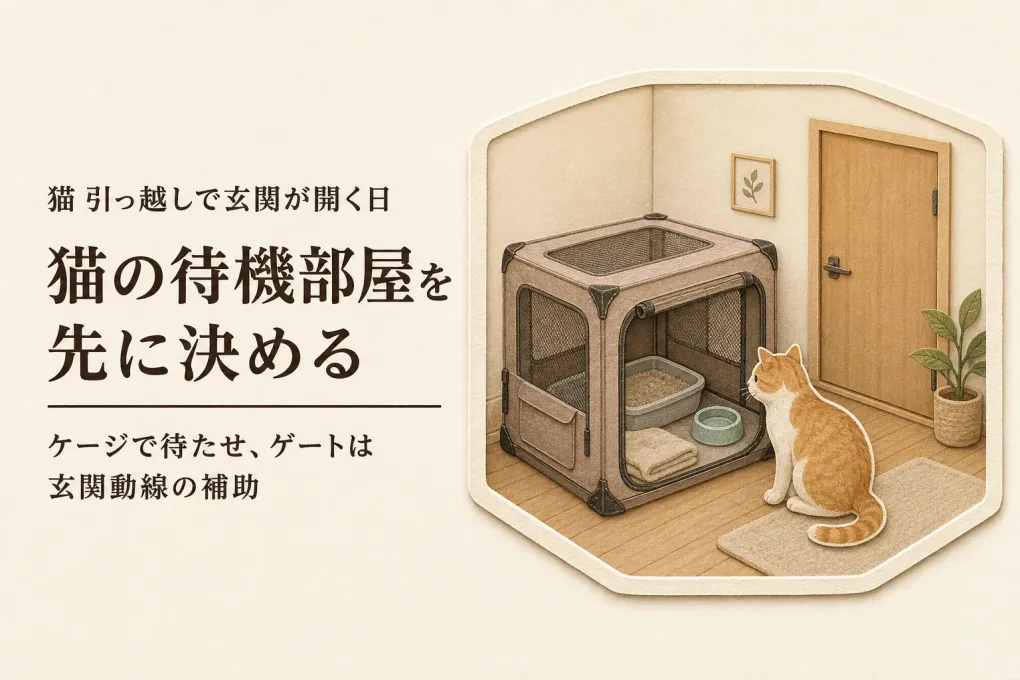 猫の引っ越し当日、玄関を開けっぱなしにするときの待機場所｜折りたたみケージと脱走防止ゲート