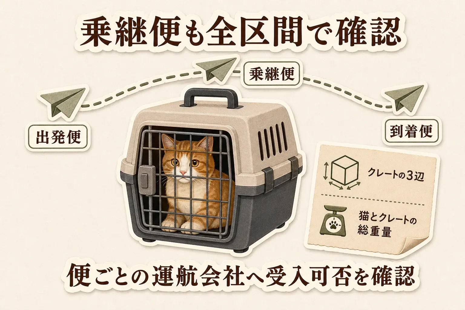 出発便、乗継便、到着便の全区間について、クレートの3辺と猫・クレートの総重量を伝え、便ごとの運航会社へ受け入れ可否を確認する流れを示す図