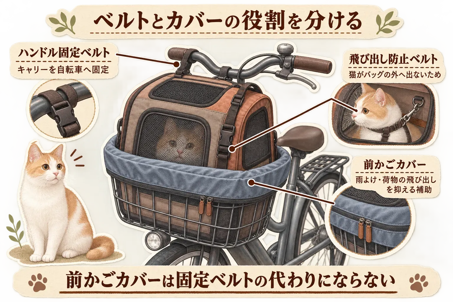 前かごに載せたペットキャリーと、キャリーを自転車へ固定するハンドル固定ベルト、猫がバッグの外へ出ないための飛び出し防止ベルト、雨よけと荷物の飛び出しを抑える補助用品である前かごカバーを示し、前かごカバーは固定ベルトの代わりにならないことを説明する図