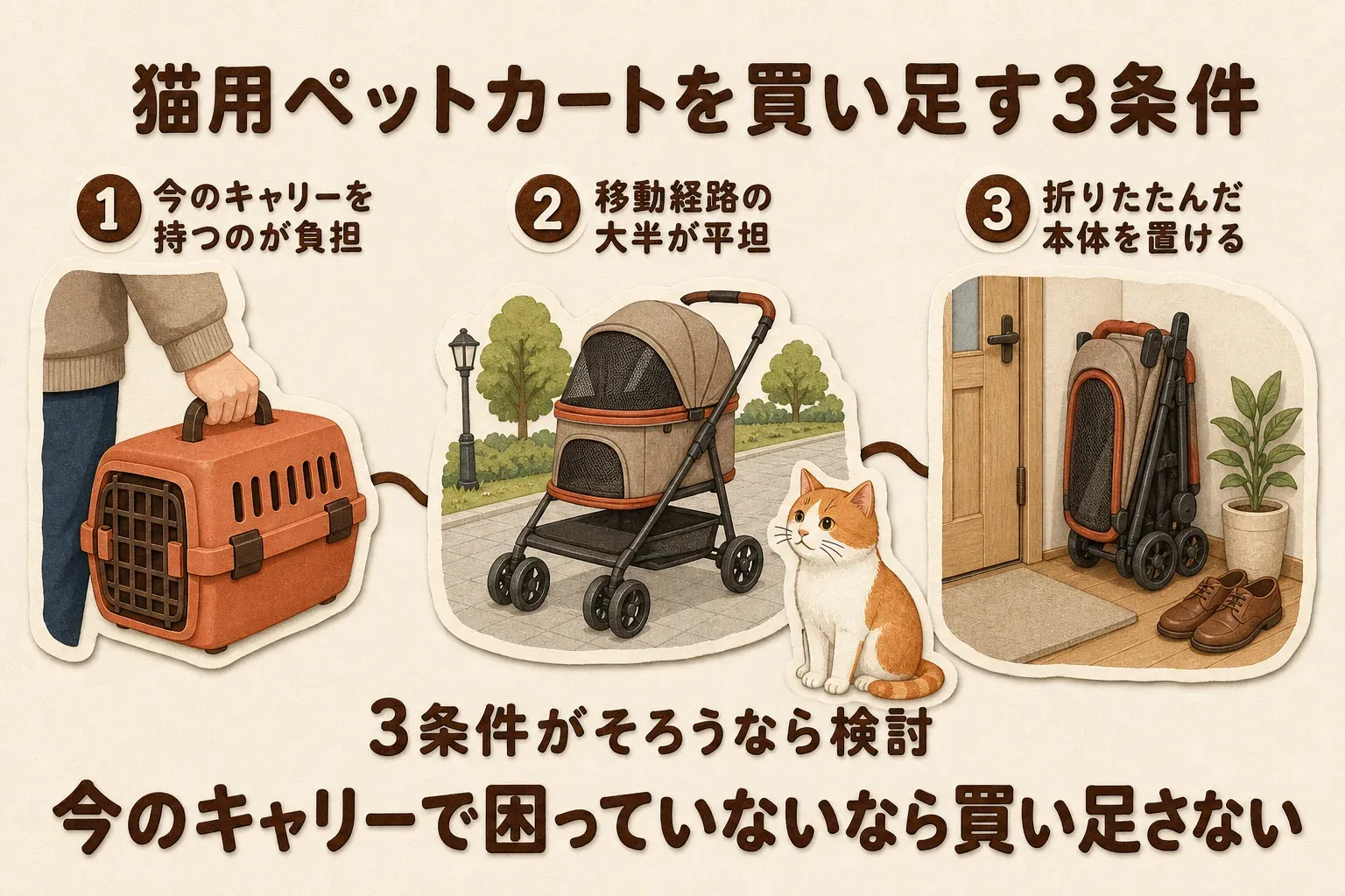 猫用ペットカートを買い足す3条件として、今のキャリーを持つのが負担、移動経路の大半が平坦、折りたたんだ本体を置けることを示し、今のキャリーで困っていなければ買い足さないと案内する図