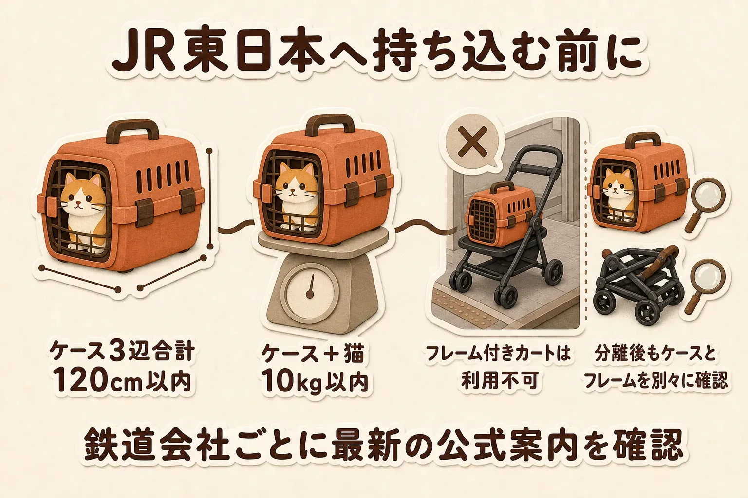 JR東日本へ猫を持ち込む前の確認事項として、ケースの3辺合計120cm以内、ケースと猫の合計10kg以内、フレーム付きカートは利用不可、分離後もケースと折りたたんだフレームを別々に確認することを示す図。出典：JR東日本「ペット持込案内」