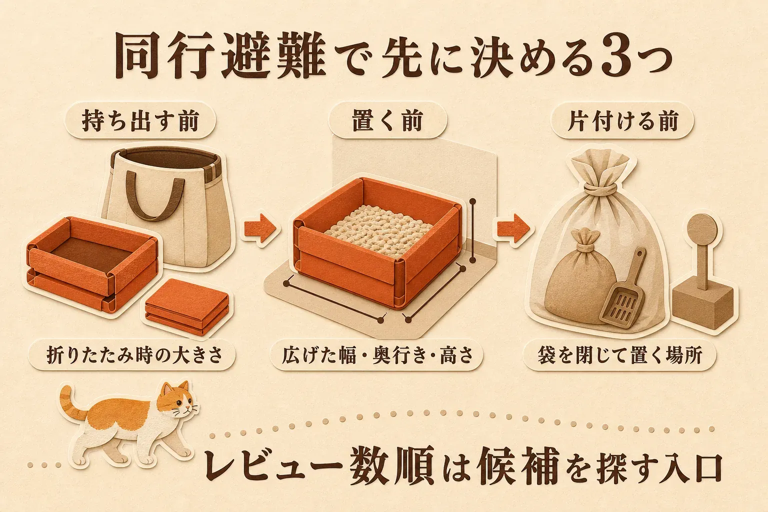 同行避難で先に決める3つの確認点として、持ち出す前に折りたたみ時の大きさ、置く前に広げたトイレの幅・奥行き・高さ、片付ける前に袋を閉じて置く場所を確認する流れを示す図。レビュー数順は候補を探す入口と説明している