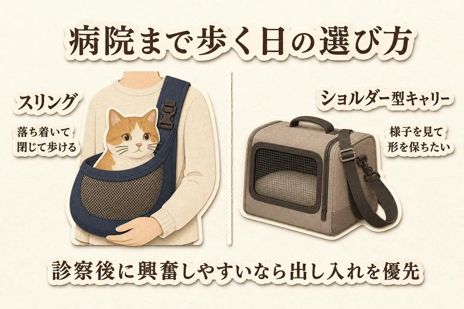 動物病院まで歩く日の選び方として、落ち着いて入口を閉じて歩ける猫にはスリング、猫の様子を見ながらバッグの形を保ちたい場合にはショルダー型キャリーを示し、診察後に興奮しやすい猫では出し入れのしやすさを優先する図