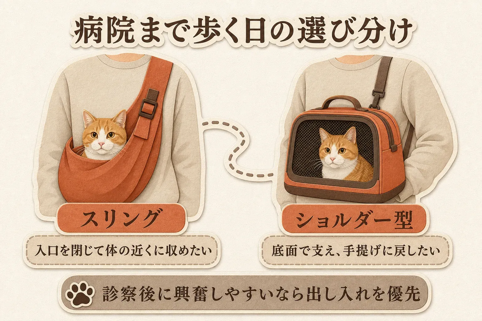 病院まで歩く日の選び分けとして、入口を閉じて体の近くに収めたい場合は猫スリング、底面で支えて手提げに戻したい場合はショルダー型キャリーを示し、診察後に興奮しやすい猫は出し入れを優先する図