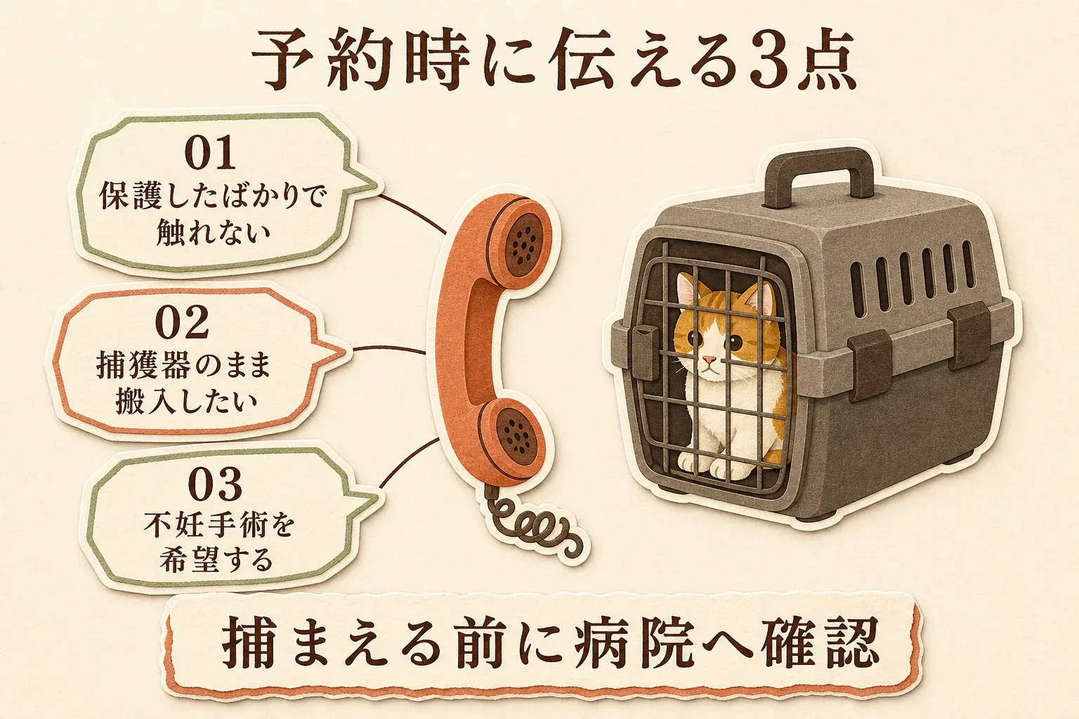 予約時に病院へ伝える3点として、保護したばかりで触れない猫であること、捕獲器のまま搬入したいこと、不妊手術を希望することを、捕まえる前に確認するよう示す図