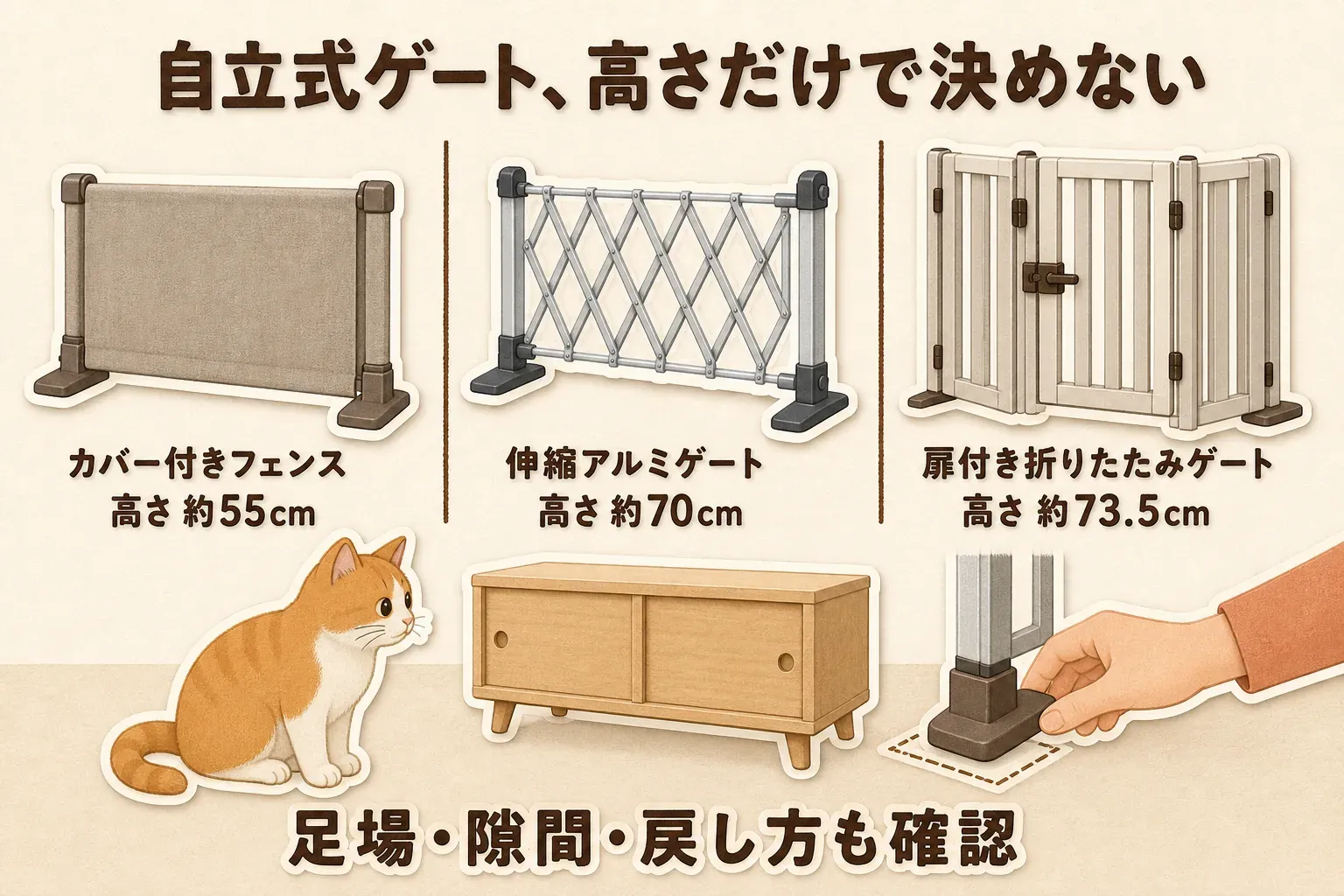 高さ約55cmのカバー付きフェンス、約70cmの伸縮アルミゲート、約73.5cmの扉付き折りたたみゲートを並べ、猫の足場になる家具、床との隙間、横からの回り込み、設置後の戻し方も確認することを示す図