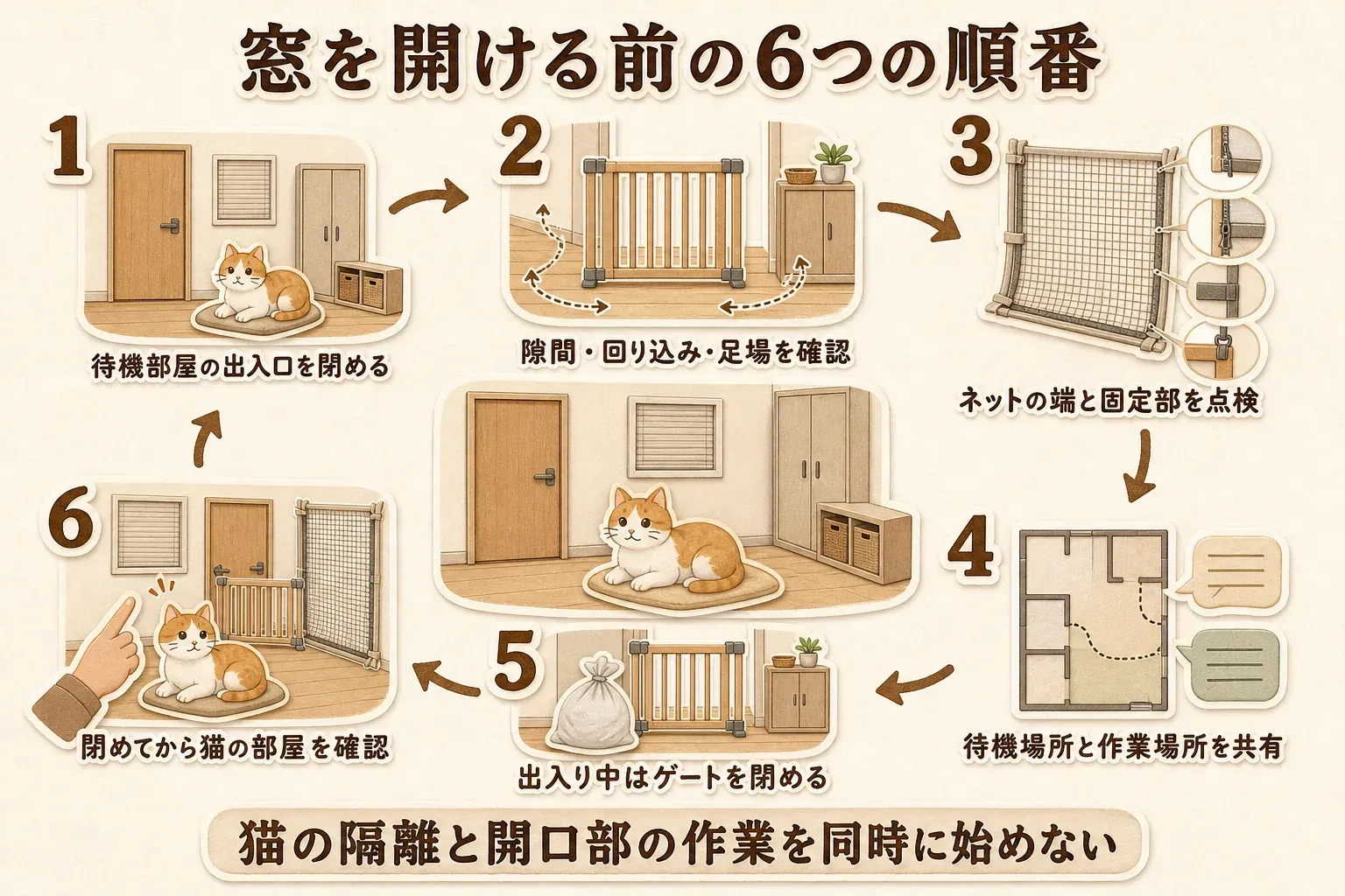 窓を開ける前に、猫の待機部屋の出入口を閉め、ゲートの隙間・回り込み・足場を確認し、ネットの端と固定部を点検し、待機場所と作業場所を共有し、出入り中はゲートを閉め、最後に猫の部屋を確認する6つの手順を示す図