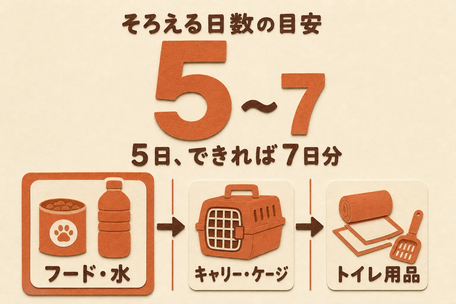 そろえる日数の目安は5日、できれば7日分。そろえる順番はフード・水が最初、次にキャリー・ケージ、そのあとにトイレ用品